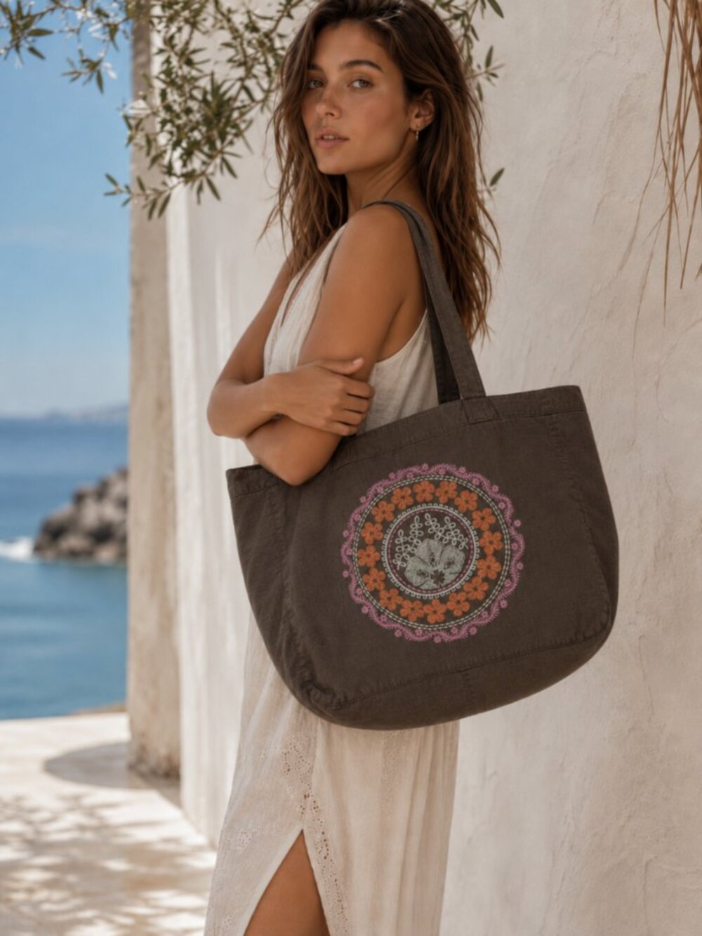 American Eagle Brown Linen Beach Tote Bag Embroidered Boho Shoulder Bag